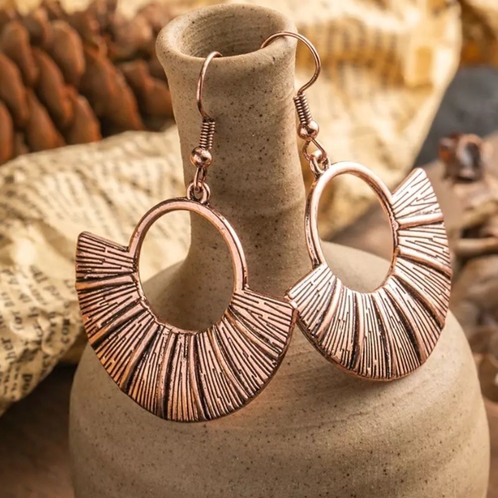 Copper Boho Fan Drop Earrings Tribal Geometric